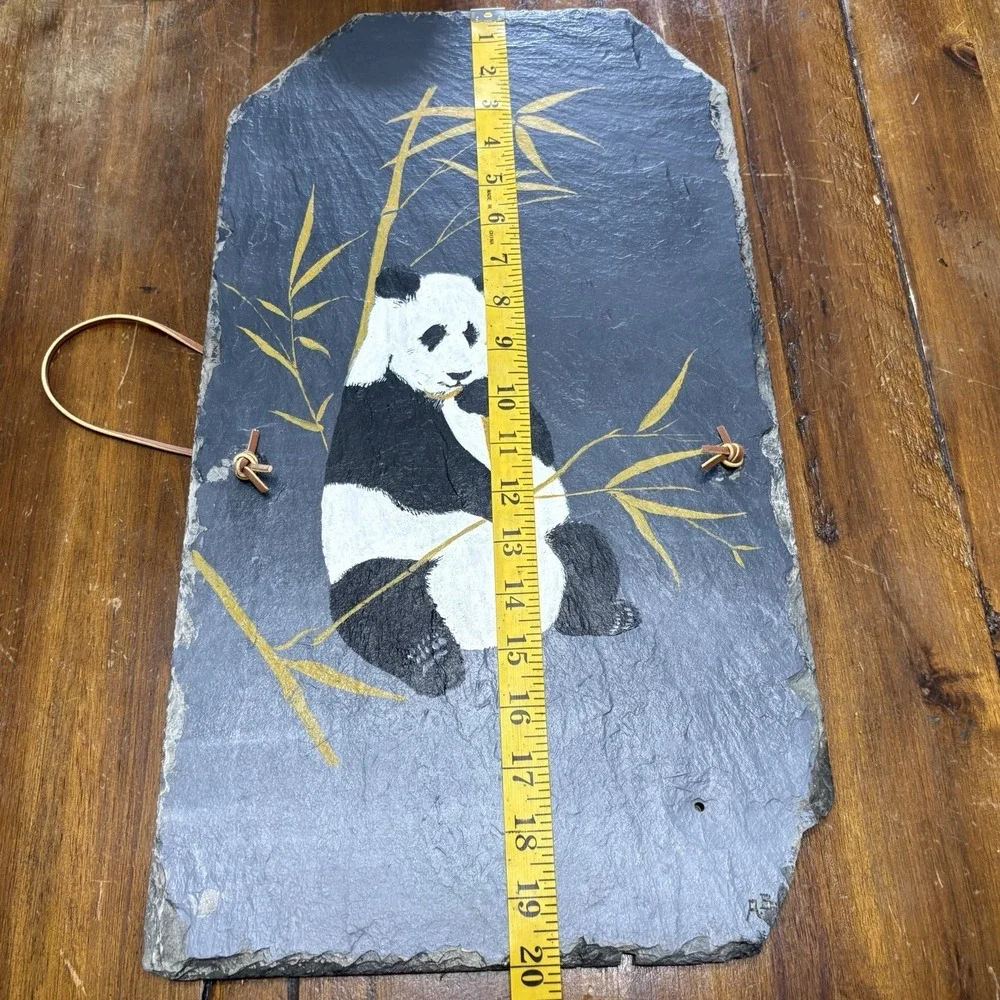 Vtg Stone Slate Hand Painted Panda Bear Bamboo Hanging Wall Decor 20